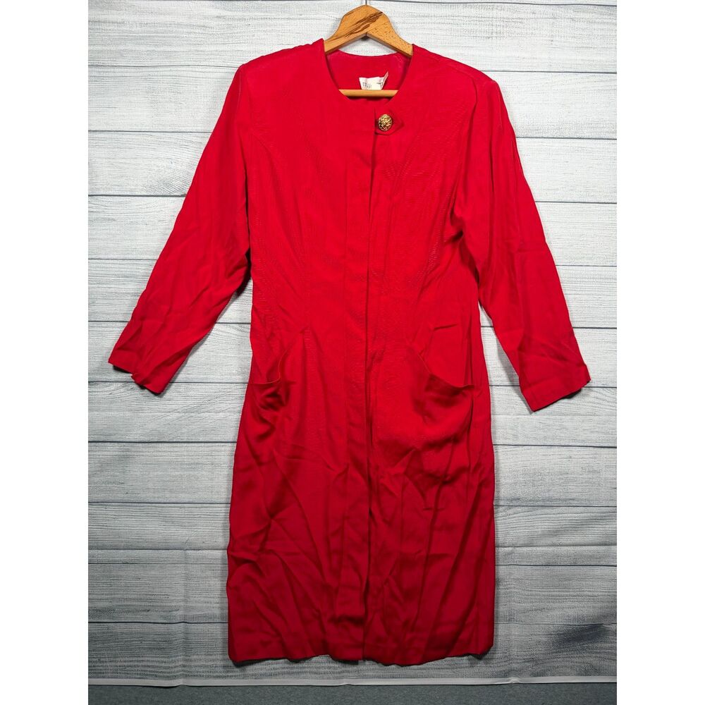 Vintage M.J. Carroll Women's 13/14 Red Gold Button Coat Dress Made USA 1283